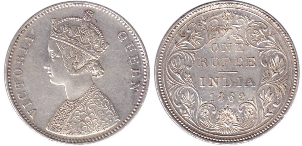 Victoria Queen, Silver, Rupee, 1862 Dot variety, 1 Dot Above and 1 Dot Below on rev. Very 