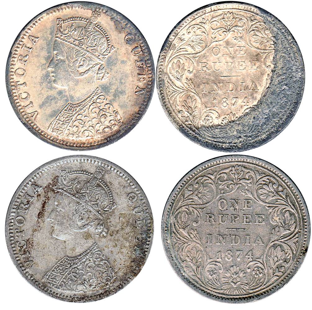 Victoria Queen, Silver (2), Rupee, Bombay Mint, 1874, Obv C1, Rev II, No Dot. About Very F