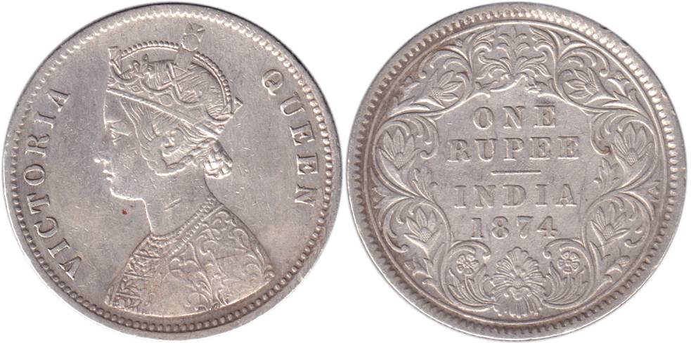 Victoria Queen, Silver, Rupee, 1874. Very Fine, Scarce