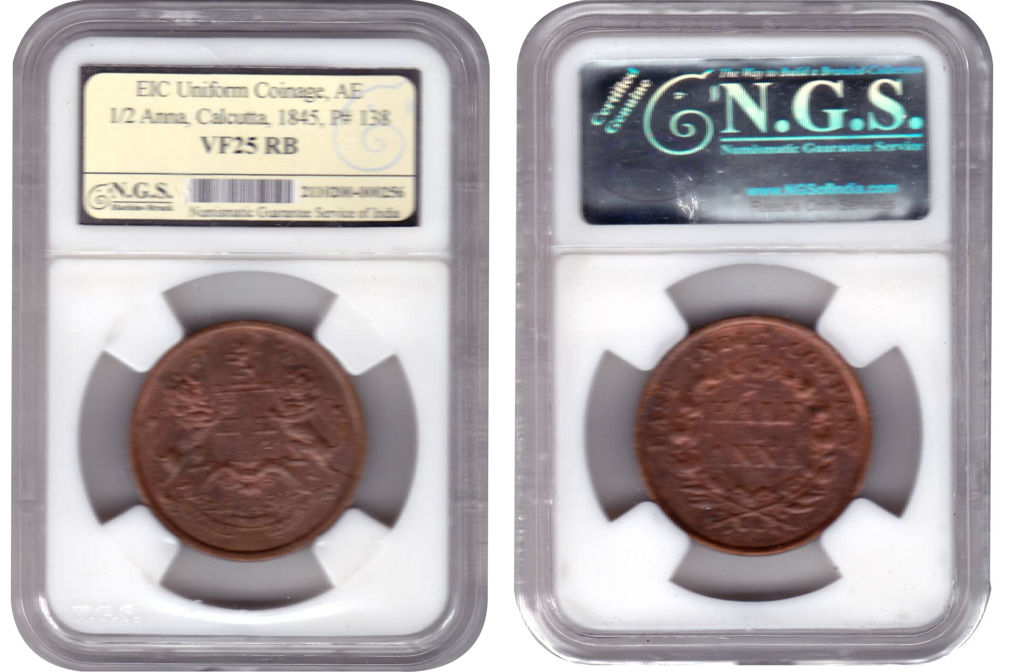 Copper, ½ Anna, 1845, Calcutta Mint, Pridmore# 138. Graded and certified by the N.G.S. as 