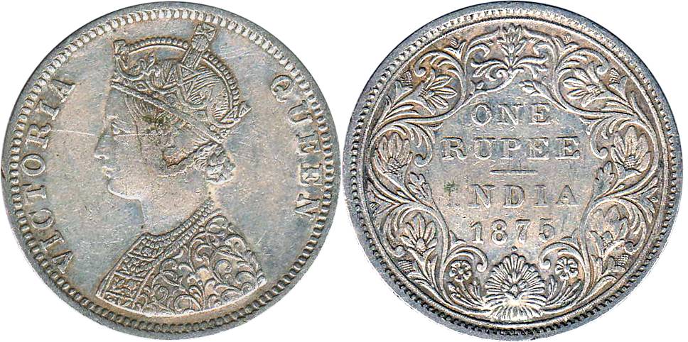 Victoria Empress, Silver, Rupee, Bombay Mint, 1875, Obv C1, Rev II, 0 Dot. Very Fine, Scar