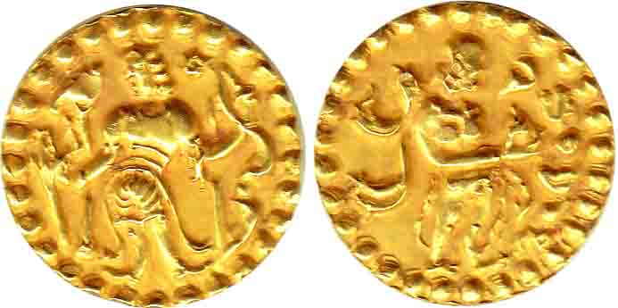 Mainamati, Anonymous, Gold, 5.96 g, Dinar, Archer type, a goddess standing to right on rev