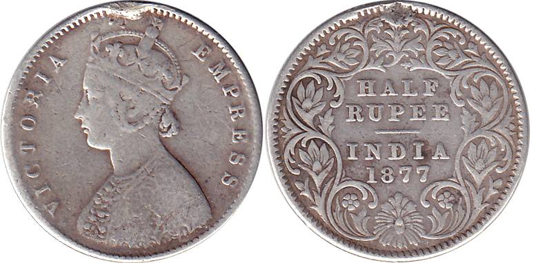 Victoria Empress, Silver, ½ Rupee, 1877. Ex-mount, Fine+, Rare.