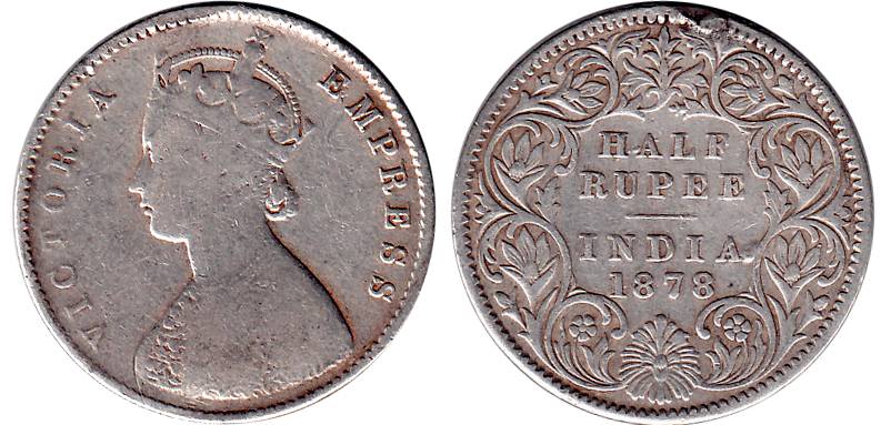 Victoria Empress, Silver, ½ Rupee, 1878. A small test mark on the rev edge, Fine+, Rare.
