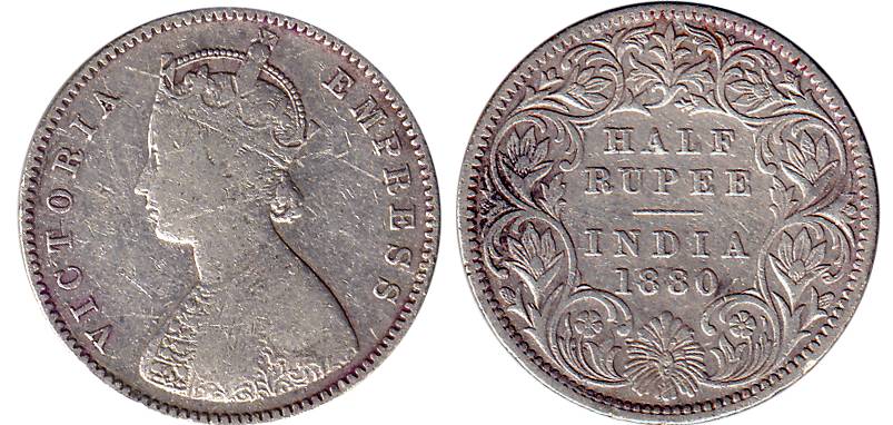 Victoria Empress, Silver, ½ Rupee, 1880, C incused, Calcutta Mint, About Very Fine, Extrem