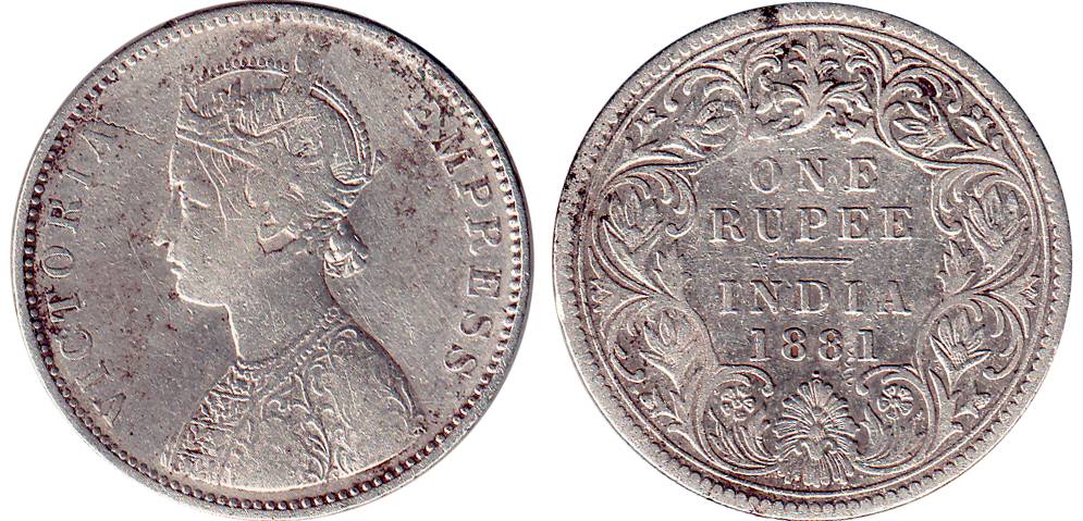 Victoria Empress, Silver, Rupee, 1881, Dot, Bombay Mint, About Very Fine, Rare