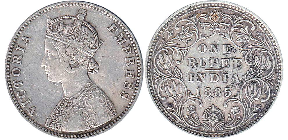 Victoria Empress, Silver, Rupee, Bombay Mint, 1885, Obv A3, Rev IV, B Incused. Very Fine, 