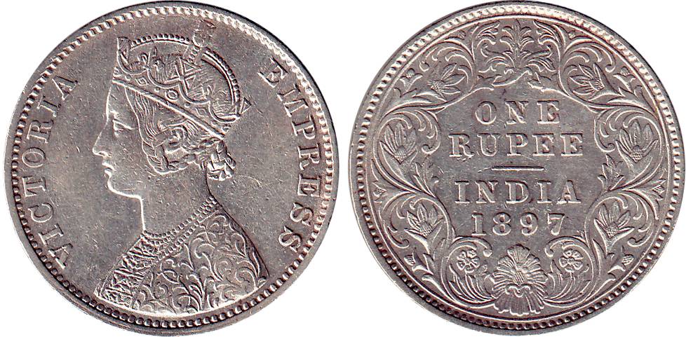 Victoria Empress, Silver, Rupee, 1897, Calcutta Mint. About Extremely Fine, Very Rare.