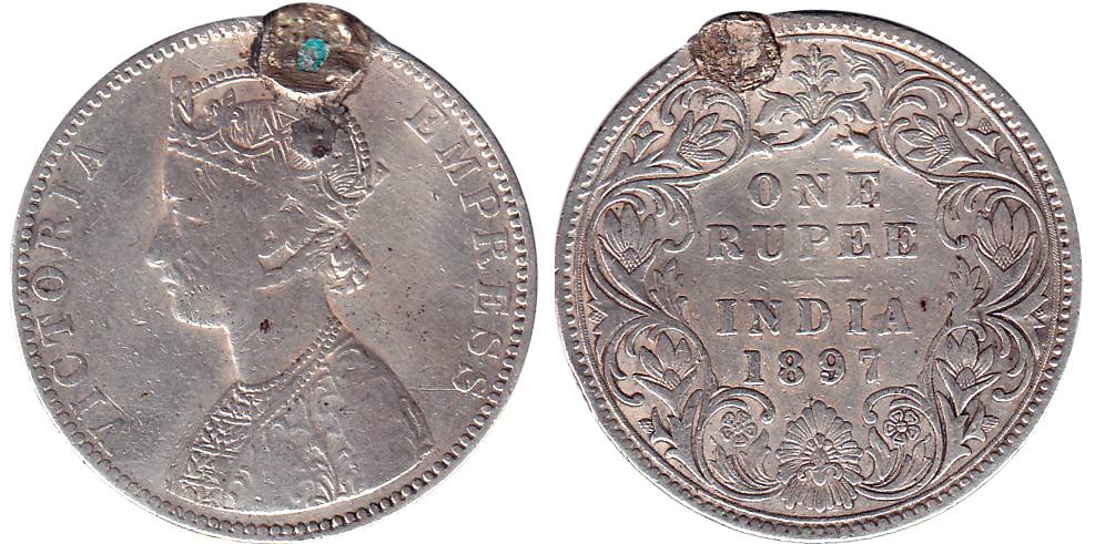 Victoria Empress, Silver, Rupee, 1897, B Incused, Bombay Mint. Ex mount, About Very Fine, 