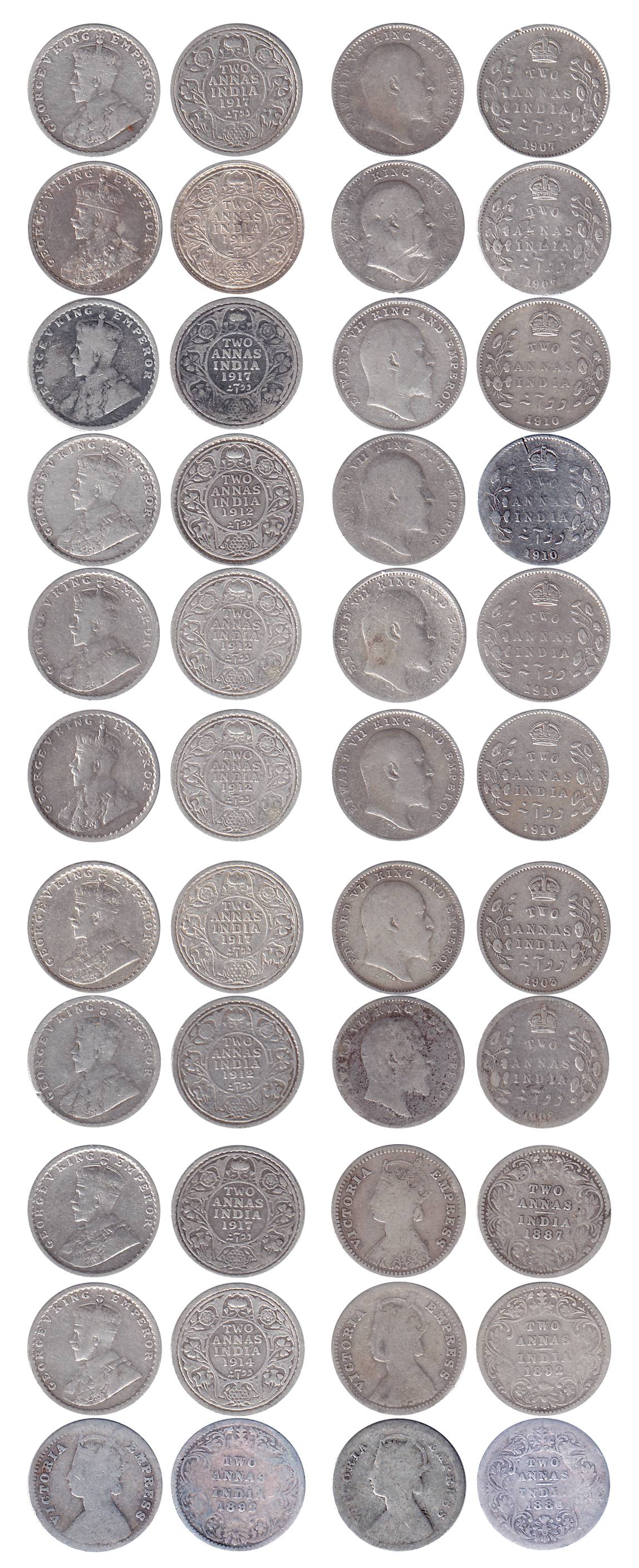 Silver (22), 2 Annas, Victoria Empress (4), 1886, 1887, 1892 (2); Edward VII (8), 1903, 19