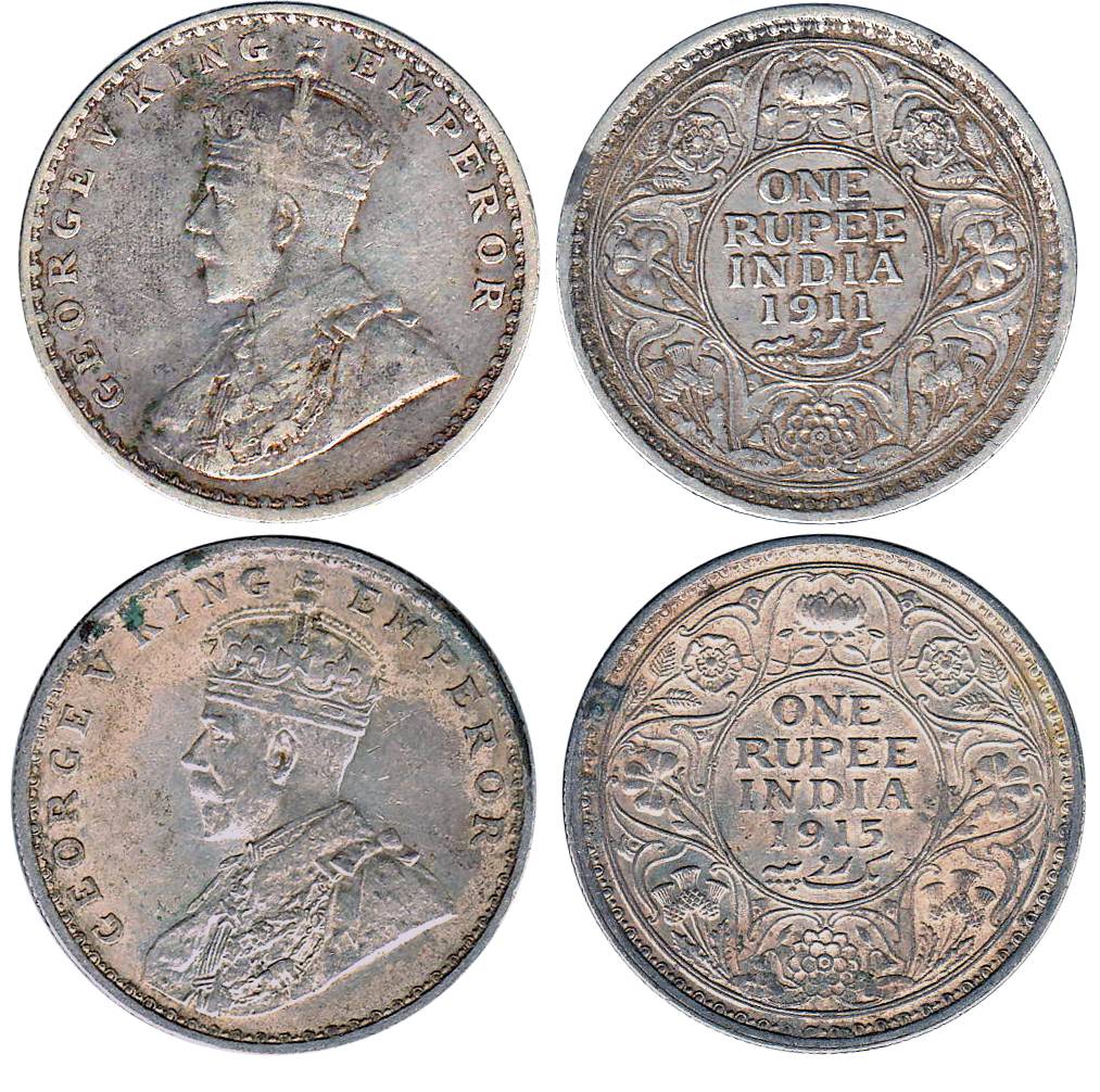 George V, Silver, Rupee (2), 1911 & 1915, Calcutta Mint. About Very Fine to Very Fine, Sca