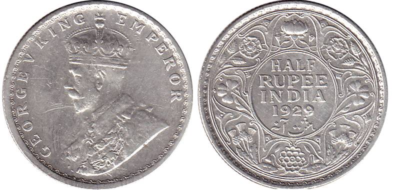 George V, Silver, ½ Rupee, 1929 with reengraved 9 over earlier 8 of 1928 with the 9 is smu