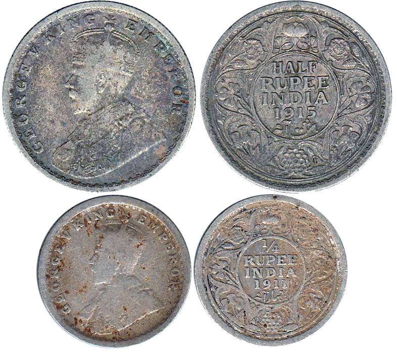 George V, Silver, ½ Rupee, 1915, Calcutta Mint, with Dot. Fine+, Scarce.