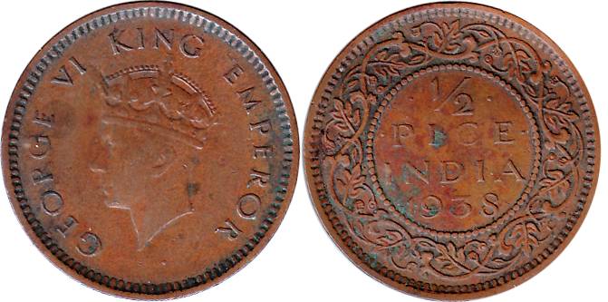 George VI, Copper, ½ Pice, 1938. Very Fine+ and Very Rare to get in this condition.