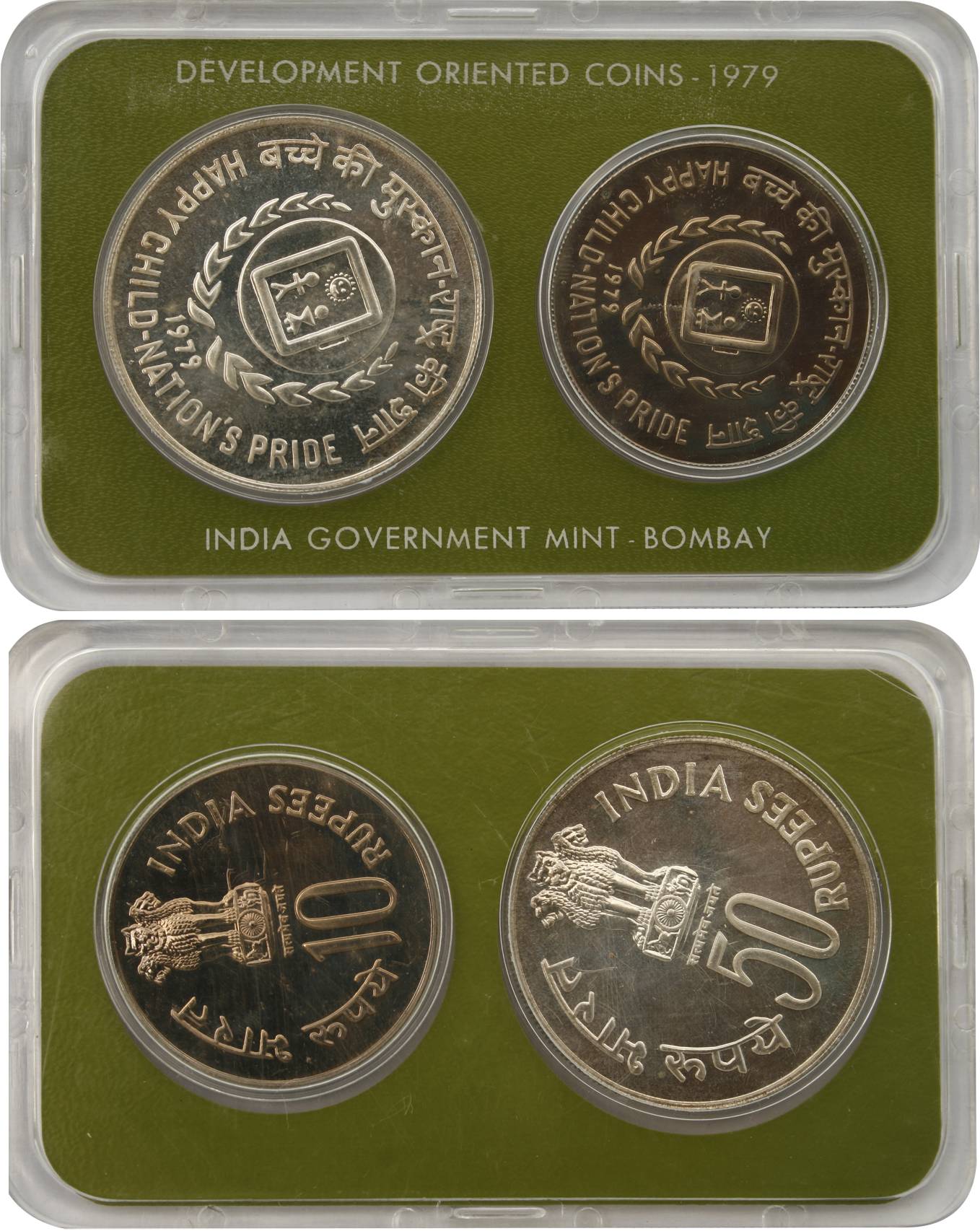 UNC Set of 1979, Happy Child – Nation’s Pride, Bombay Mint, Set of 2 coins, 50 & 10 Rupees