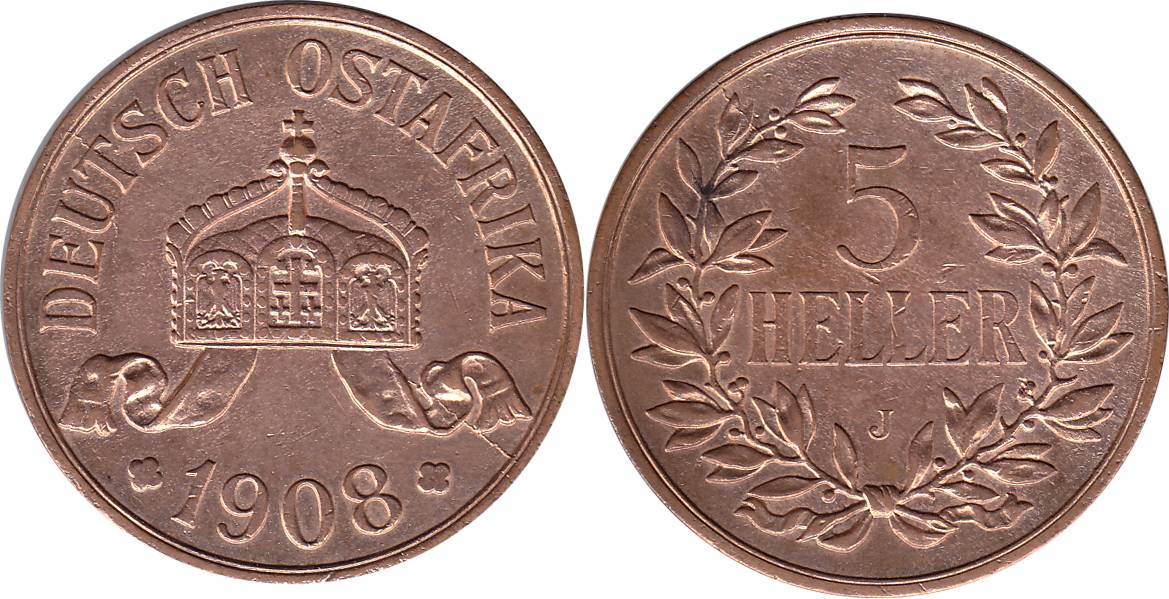 German East Africa, Copper, 5 Heller, 1908J. About UNC, Rare