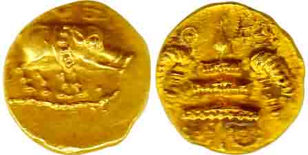 Chalukyas, Gold, 3.77 g, Pagoda, Boar type with an ornate and very high relief Boar facing