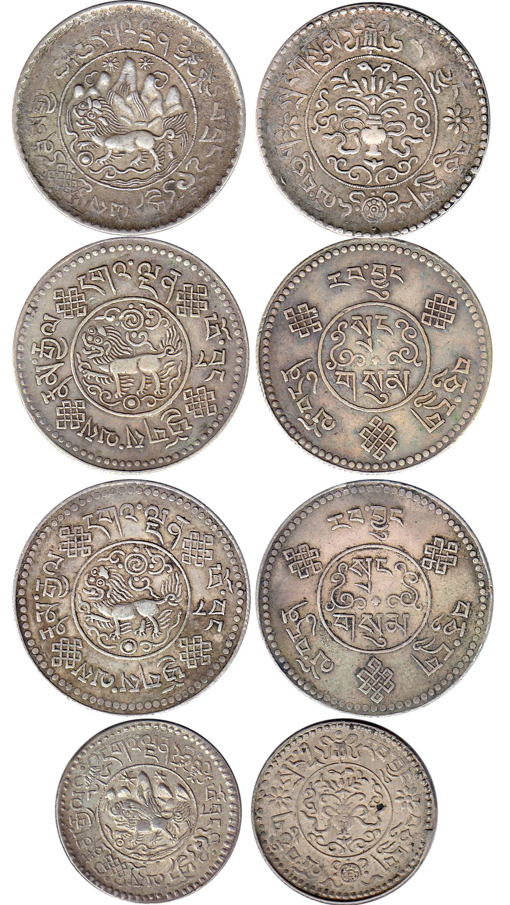 Tibet, Silver (4), Srang (1933-34), assorted lot with various types and varieties; ½ Srang