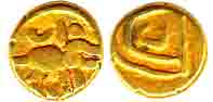 Parmaras, Gold, 0.36 g, Fanam, Boar type with a boar to right on obv, Kannada letter on re