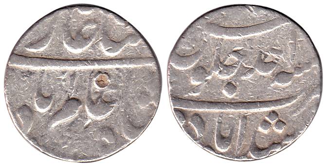 Shah Alam I, Silver, Rupee, Murshidabad Mint, RY Ahad, mint name at bottom on rev. About V