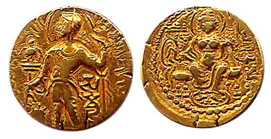 Guptas, Samudragupta, Gold, Dinar, Standard type, king holding a standard on obv, Goddess 