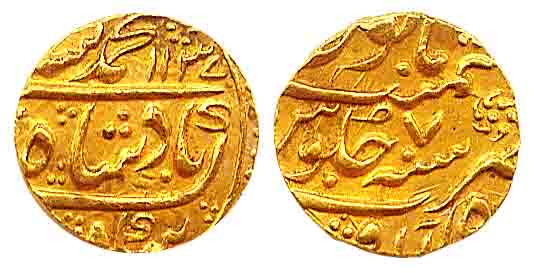 Muhammad Shah, Gold, Mohur, Shahbad Qanauj Mint, AH 1137/7. Complete AH date on obv, mint 