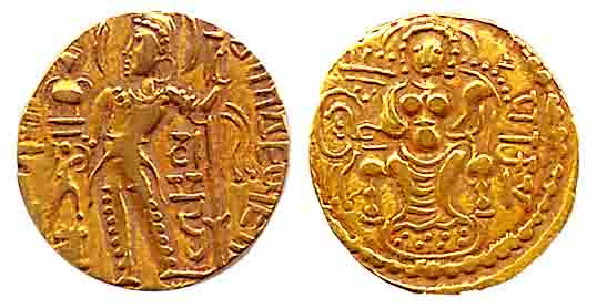 Guptas, Samudragupta, Gold, Dinar, Standard type, king holding a standard on obv, Goddess 