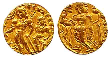 Guptas, Chandragupta II, Gold, Dinar, Chhatra type, king standing to left and an attendant