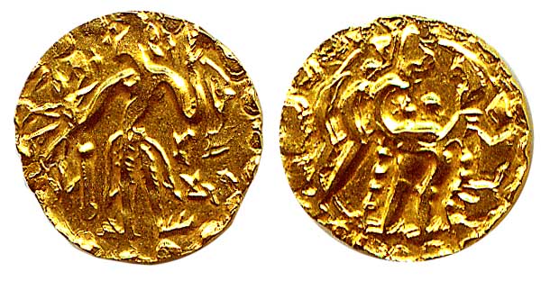 Samtatta of Bengal, Jivadharam Rath, Gold, Dinar, king on obv and a goddess on rev. About 