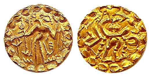 Samtatta of Bengal, Dharam Rath, Gold, Dinar, an archer on obv with initials on obv; a god