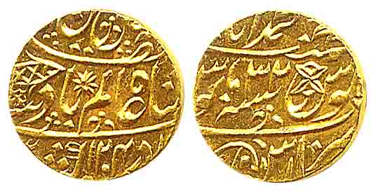 Muhammadabad Banaras Mint, Gold, Mohur, in the name of Shah Alam II, AH 1204/32, fish symb