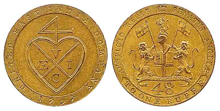 1/48 Rupee, Copper, Gold Guilt, 1797. Bale mark on obv, Arms of the East India Company on 