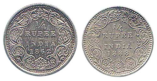 Victoria, Silver (2), ¼ Rupee, 1862 and 1888. Both almost UNC. 2 coins