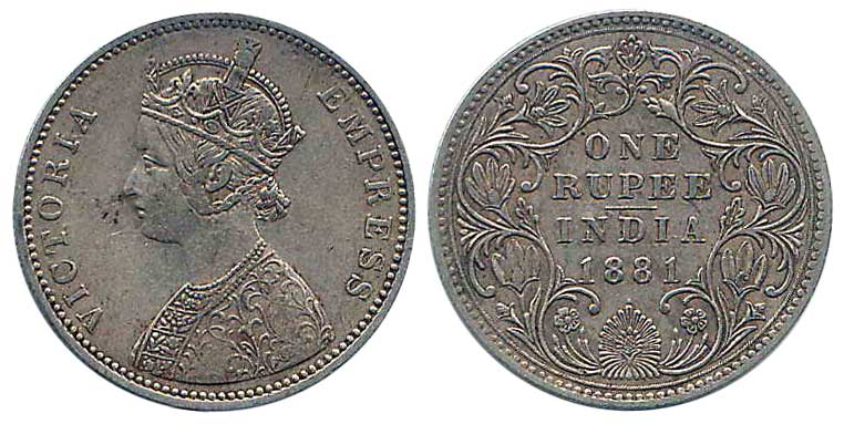 Victoria Empress, Silver, Rupee, 1881, Bombay Mint. About Very Fine, Rare.