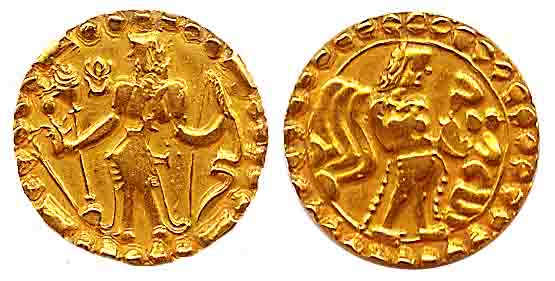 Samtatta of Bengal, Anonymous, Gold, Dinar, a lotus near the soldier of the archer on obv.