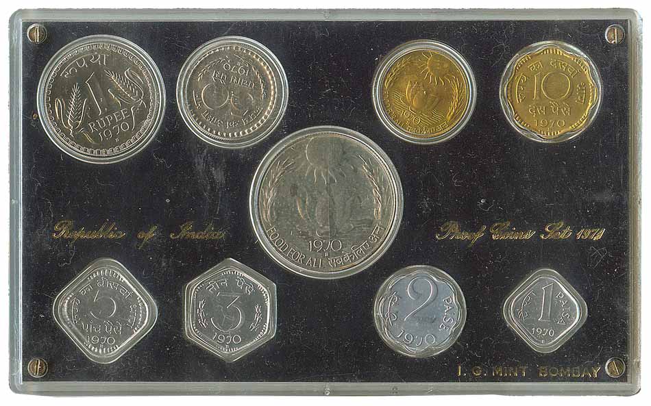 Proof Set, 1970, Food For All issue, Bombay Mint, Set of 9 coins. With all original litera
