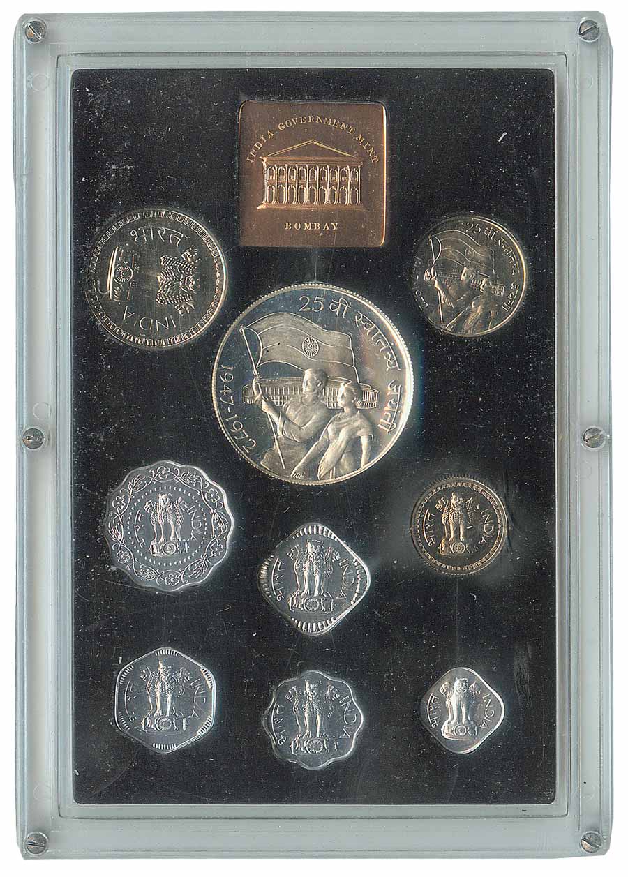 Proof Set, 1972, 25th Anniversary of Independence 1947-1972 issue, Bombay Mint, Set of 9 c