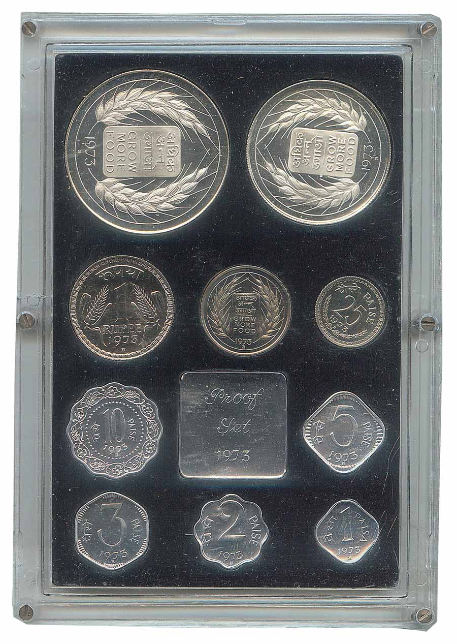 Proof Set, 1973, Grow More Food issue, Bombay Mint, Set of 10 coins. With all original lit