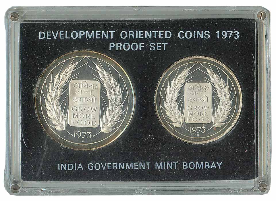 Proof Set, 1973, Grow More Food issue, Bombay Mint, Set of 2 coins. With all original lite