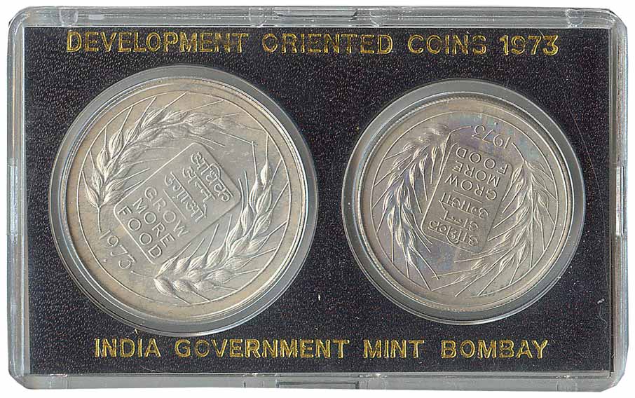 Proof Set, 1973, Grow More Food issue, Bombay Mint, Set of 2 coins. With all original lite