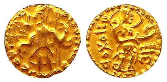 Kushana-type of Bengal, 6th century AD, Kushana-type king on obv; Nana-type goddess standi