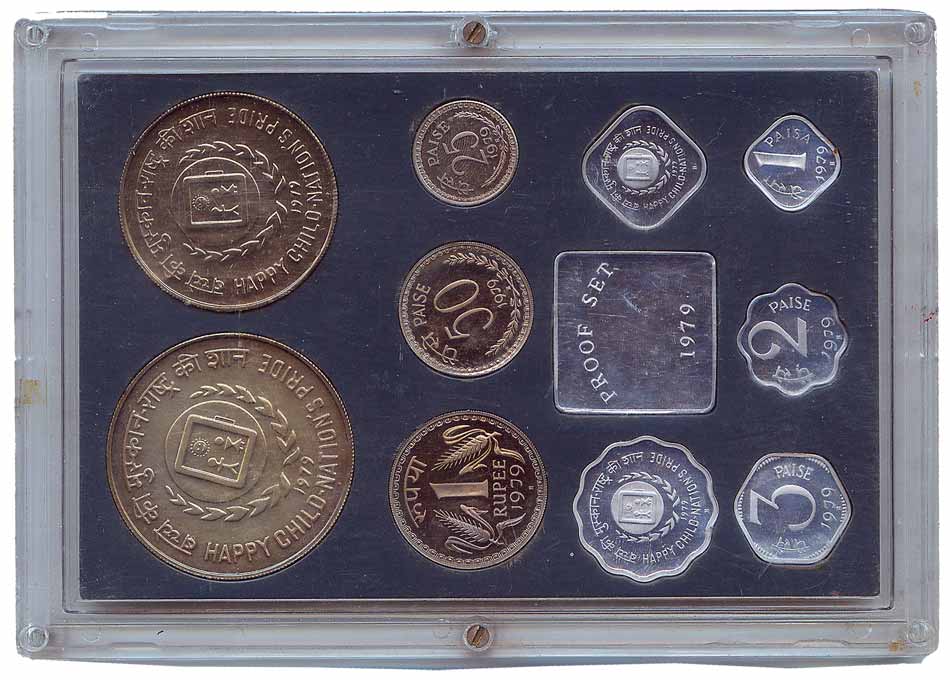 Proof Sets, 1971 Food For All issue, Bombay Mint, Set of 9 coins; and 1979, Happy Child: N