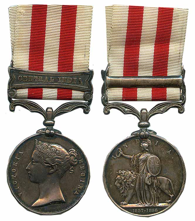 Indian Mutiny Medal 1857, Silver, 1 clasp, Central India, portrait of Victoria to left on 