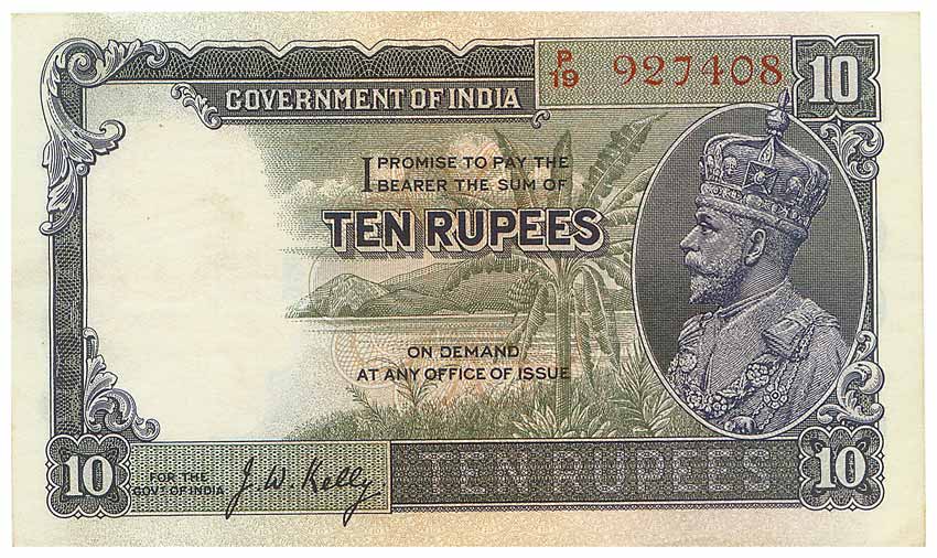 George V, Rs. 10, sign J W Kelly, 3rd issue of 1933 (Jhun 8.2). UNC, Very Rare.