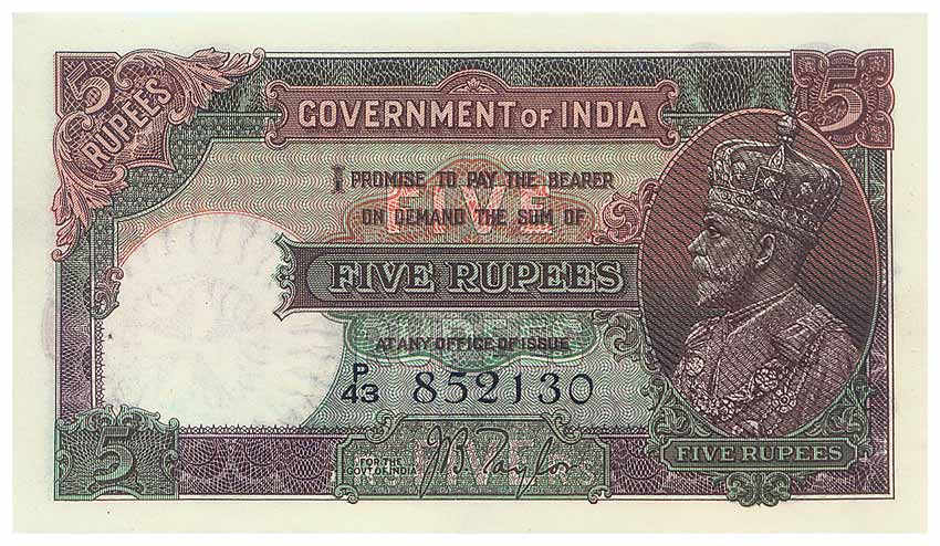 George V, Rs. 5, sign J B Taylor, 2nd issue of 1933, Thin paper type (Jhun 5.1A). UNC, Ver