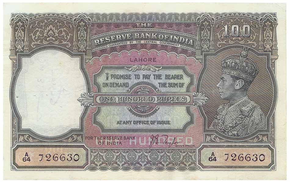 George VI, Rs. 100, sign J B Taylor, Lahore Circle, Profile head as watermark (Jhun 7.1E).