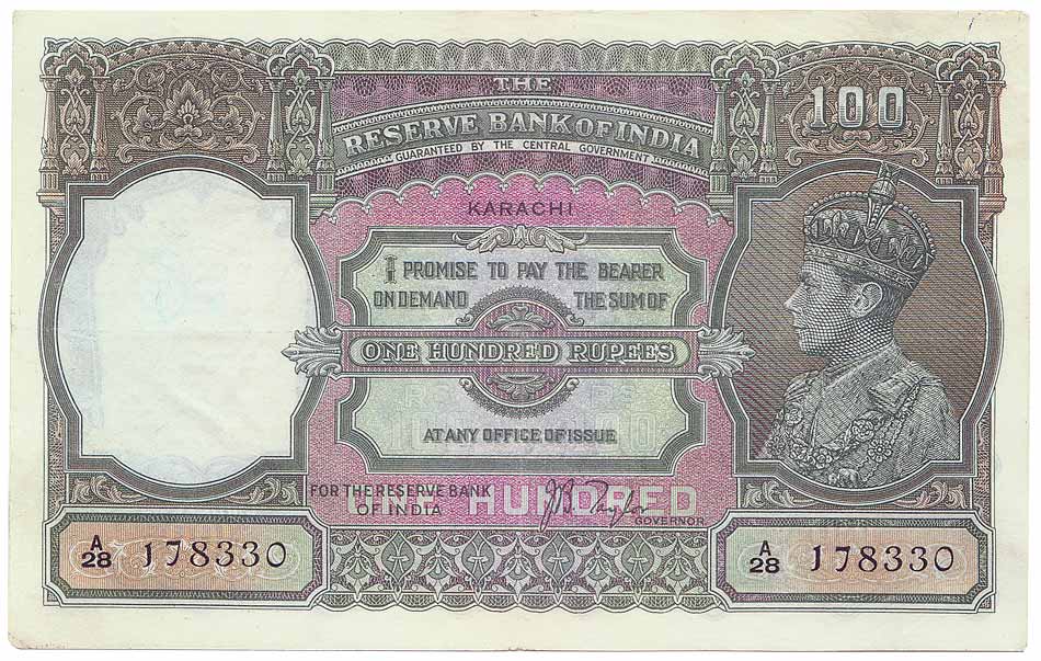 George VI, Rs. 100, sign J B Taylor, Karachi Circle, Profile head as watermark (Jhun 7.1D)
