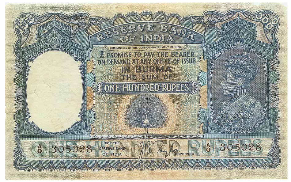 Burma, George VI, Rs. 100, sign J B Taylor, issued in 1939, Prefix A (Jhun 6.1). Corners b
