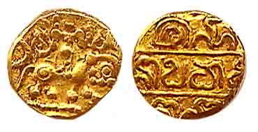 Hoyasalas, Gold, Pagoda, Nolambadevi Gonda, Goddess Durga standing on a lion, facing front