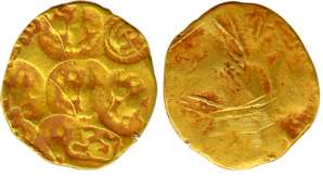 Chalukyas of Kalyan, Gold, 3.40 g, Padma Tanka type, numerous punches on obv, unifaced, mi